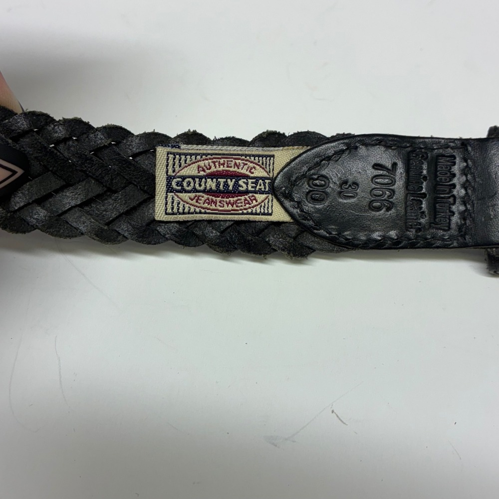 County Seat Braided Leather Belt Mens 30 Black Woven Brass Buckle Vintage - Picture 4 of 14